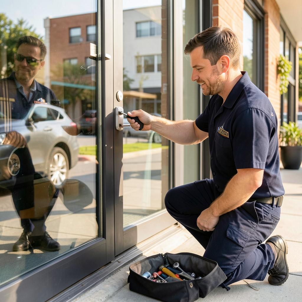 Locksmith installing a new commercial door lock on a business storefront in Knightdale, NC