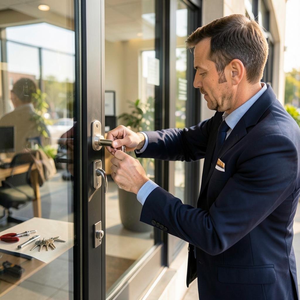 Locksmith re-keying a commercial storefront door lock in Knightdale, NC