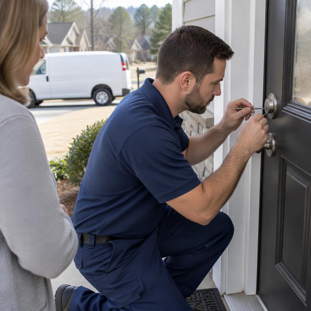 Emergency locksmith assisting a homeowner with an urgent house lockout in Knightdale, NC