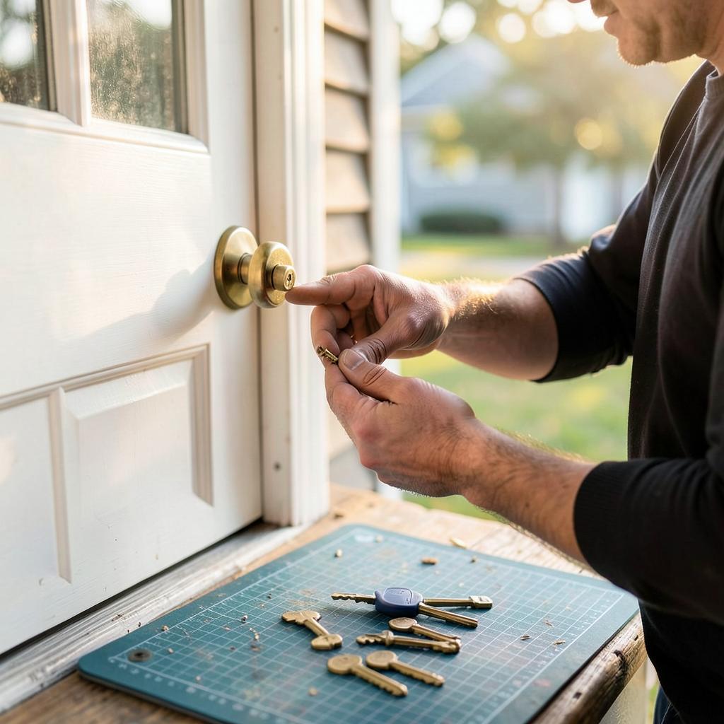 Locksmith re-keying a residential door lock in Knightdale, NC